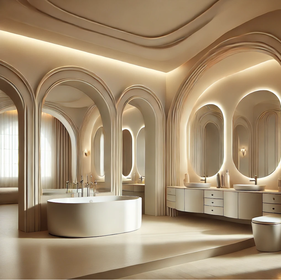 Curved Fixtures and Architecture master bathroom trends 2025