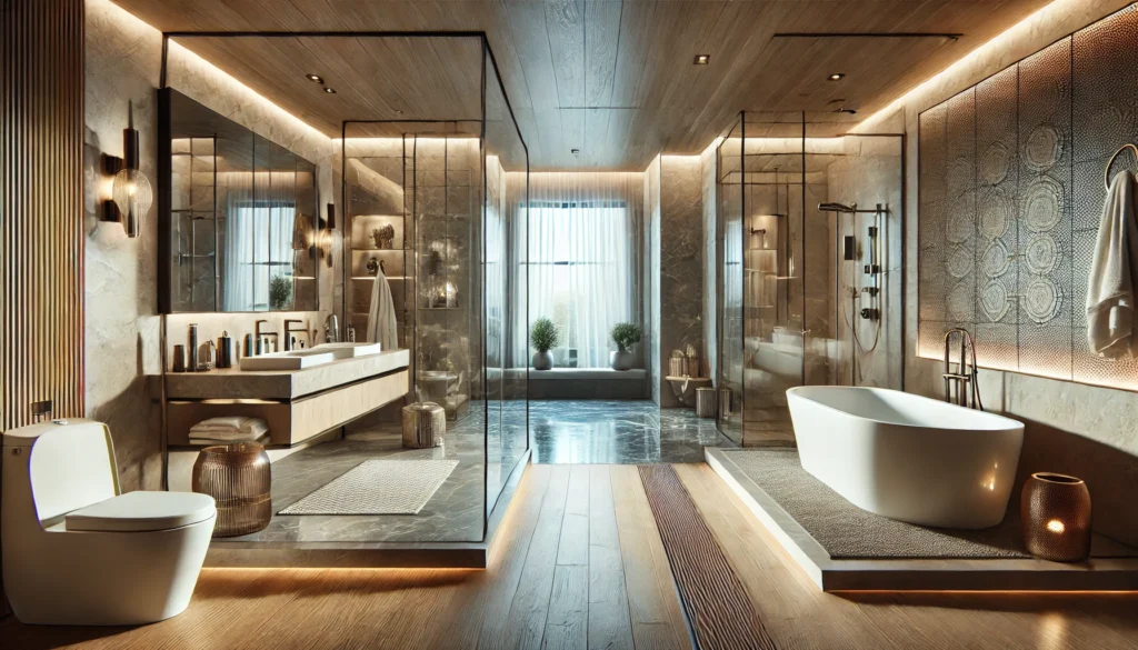 master bathroom trends 2025, luxury bathroom, smart bathroom technology, spa bathroom, eco-friendly bathroom, natural materials, bold tile patterns, Japandi style, freestanding tubs, biophilic design