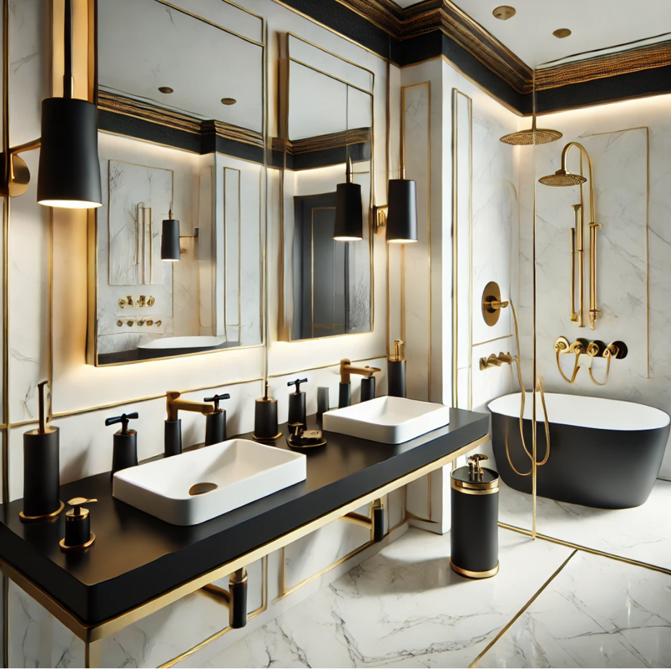 Matte Black and Gold Accents master bathroom trends 2025