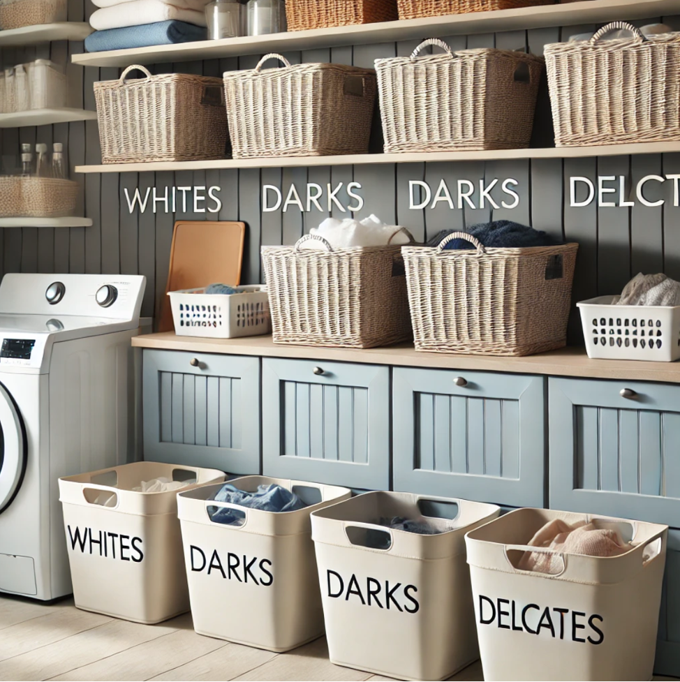 Use Bins and Baskets for Sorting Laundry organize laundry room