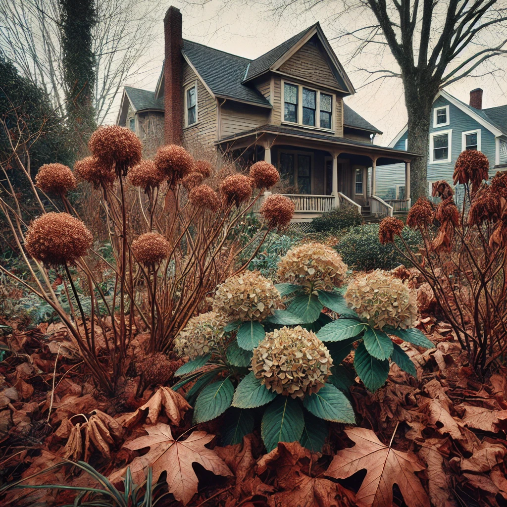 roses, hydrangeas, rhododendrons in the autumn season in the garden need protection from winter