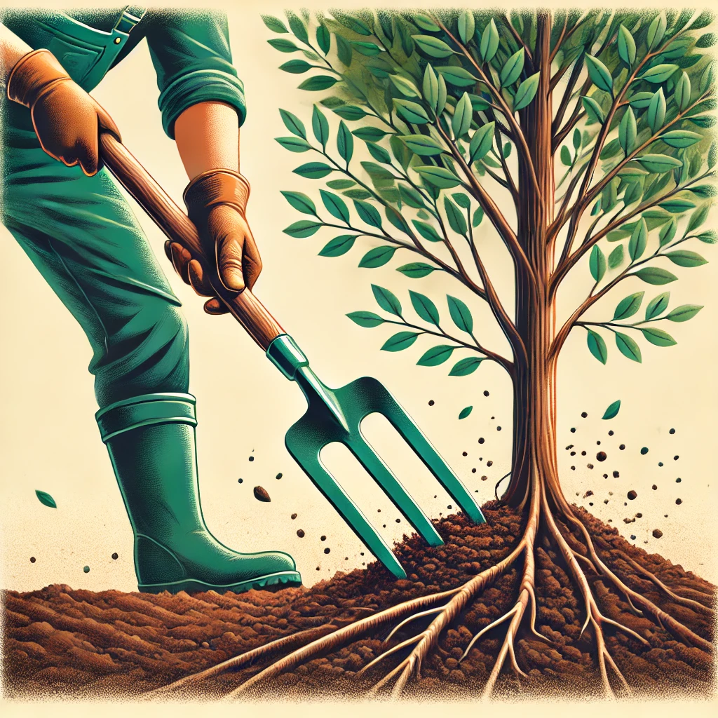 Carefully loosen the soil around the base of trees and shrubs to provide better air circulation.